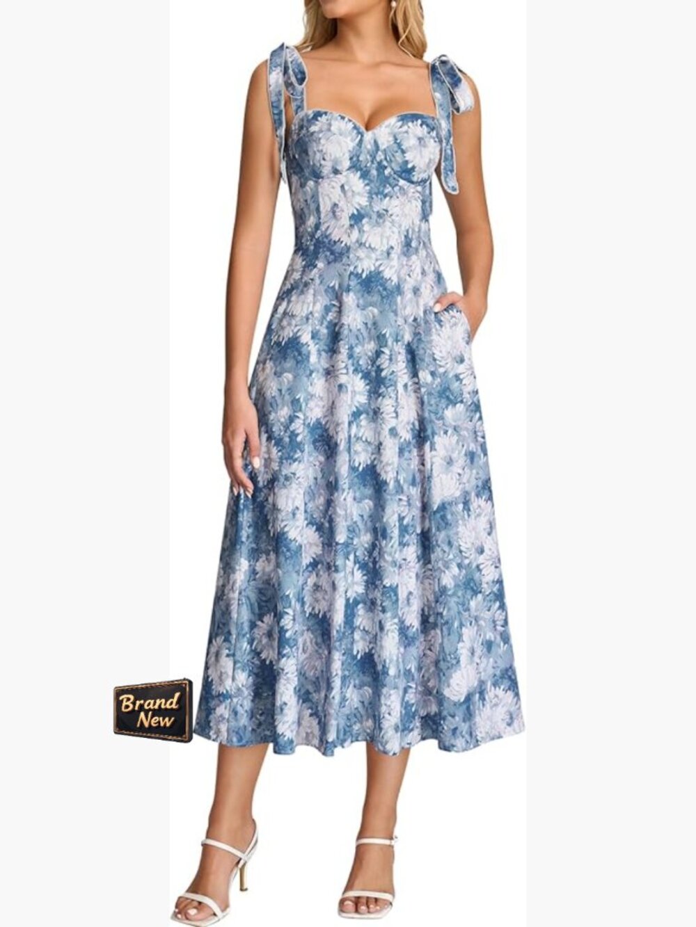 Womens Floral Midi Dress Corset Sweetheart Neckline Sleeveless A-Line Summer